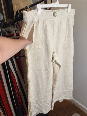 aerie Cream Wide-Leg Lounge beach Pants with Braided Side Trimt